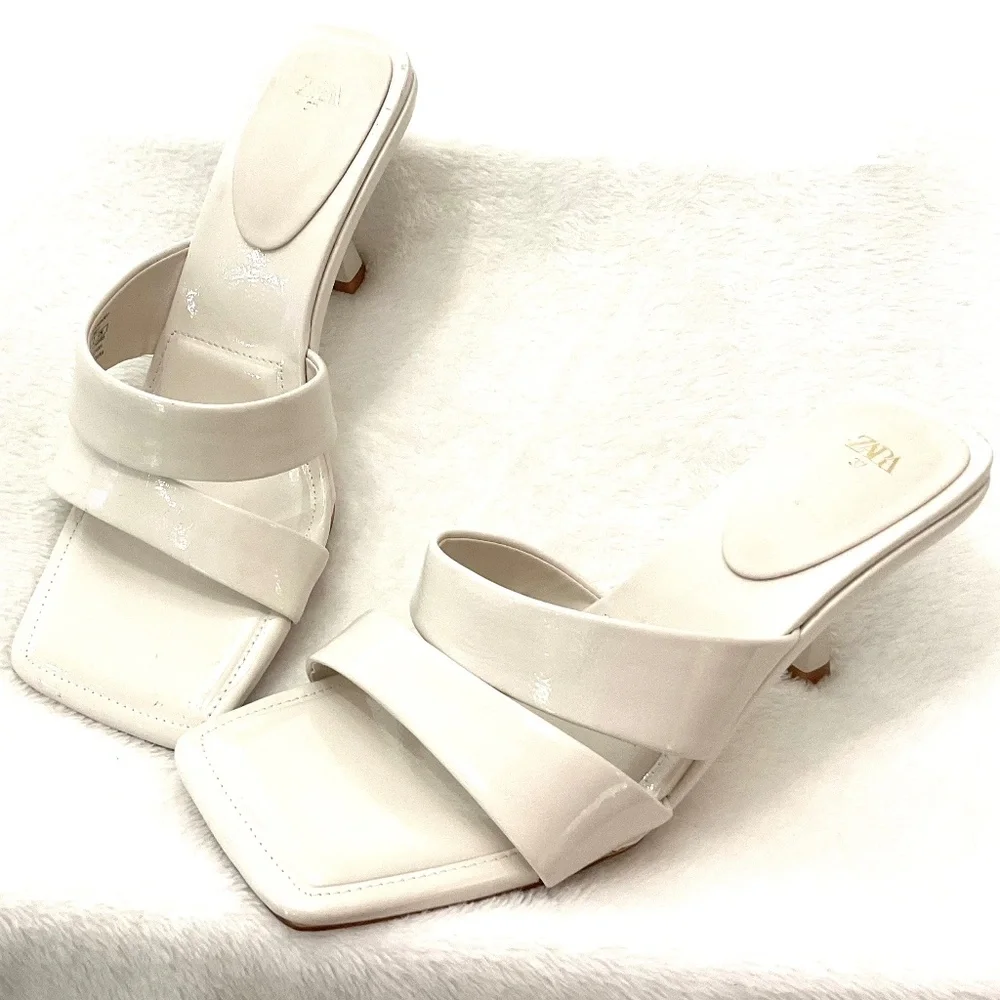 Zara White Open Toe Square Padded Dressy High Heel Sandals Size US7/EU37
